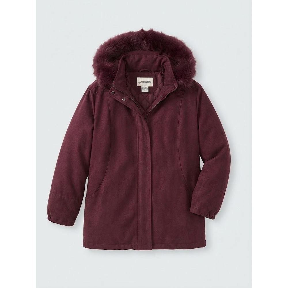 St. Johns Bay Burgundy Faux Suede Parka Fox Fur Trim Hooded Jacket XL